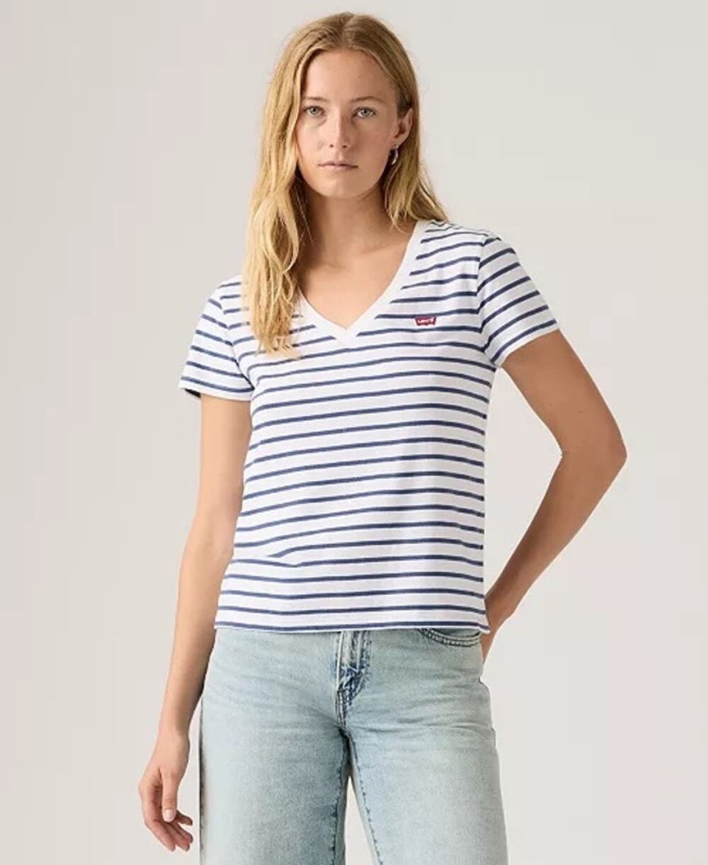 Levi’s Womens Perfect Cotton V-Neck Short-Sleeve T-Shirt striped navy white M